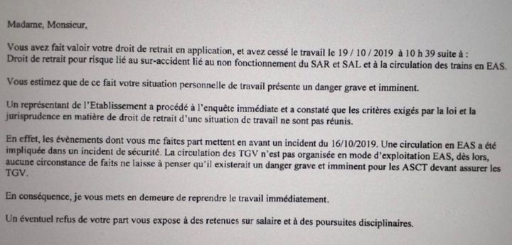 Extrait d'un e-mail envoyé aux salariés de la SNCF qui ont exercé leur droit de retrait, vendredi 18 et samedi 19 octobre 2019. (DR)