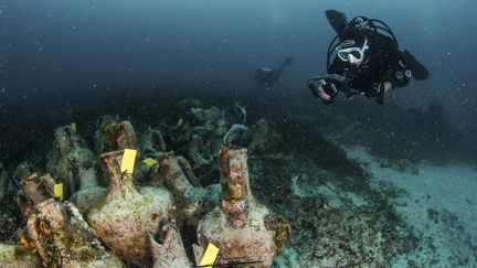 Un plongeur explore le site d'une épave&nbsp;transportant des milliers d'amphores qui a coulé au Ve siècle av. JC en Grèce (2019). (Y. ISSARIS / EUA / AFP PHOTO / SOURCE / BYLINE)