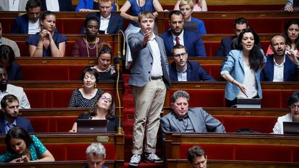 Le député LFI Louis Boyard (debout) à l'Assemblée nationale le 13 juin 2023 (THOMAS PADILLA / MAXPPP)