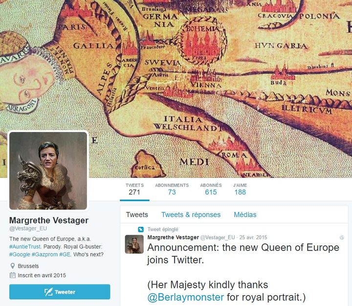 Capture d'écran d'un compte Twitter parodique de Margrethe Vestager.&nbsp; (TWITTER)