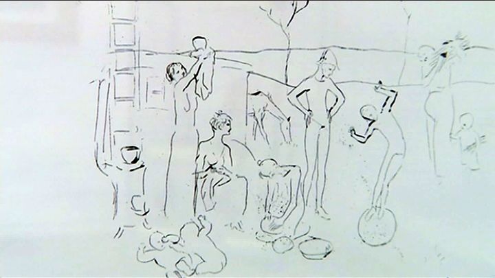 Détail d'un dessin de Picasso dont l'un des personnages va devenir L'acrobate sur le ballon, un de ses plus célèbres toiles. (F. Cerulli / France Télévisions)