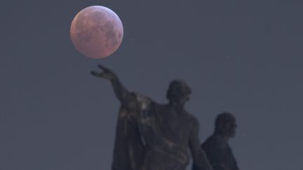 La lune dans le ciel de Dresde (Allemagne) derrière une statue de Mattielli&nbsp;se trouvant sur une&nbsp;église catholique de la ville. (SEBASTIAN KAHNERT / DPA-ZENTRALBILD / AFP)