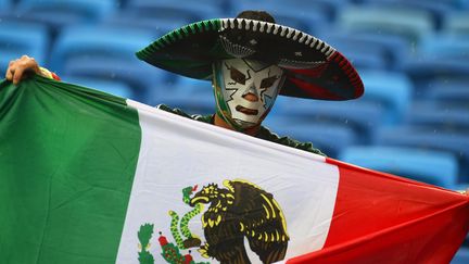 Un supporter mexicain pr&eacute;sente le drapeau national dans les gradins du stade de Natal, le 13 juin. ( MAXPPP)