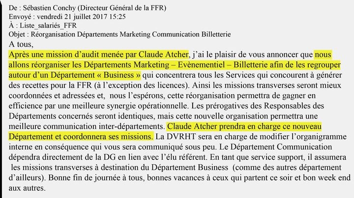 Mail interne du directeur général de la Fédération française de rugby. (DR)