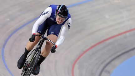 Mathilde Gros au vélodrome d'Apeldoorn aux Pays-Bas pour les championnats d'Europe de cyclisme sur piste, le 12 janvier 2024. (PICHON PATRICK / KMSP / AFP)