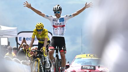 Le Slovène Tadej Pogacar remporte la 17e étape du Tour de France devant&nbsp;Jonas Vingegaard, le 20 juillet 2022, à&nbsp;Peyragudes (Hautes-Pyrénées). (ANNE-CHRISTINE POUJOULAT / AFP)