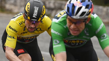 Primoz Roglic et Wout Van Aert dans l'ascension du col d'Eze sur Paris-Nice, le 13 mars 2022. (FRANCK FIFE / AFP)