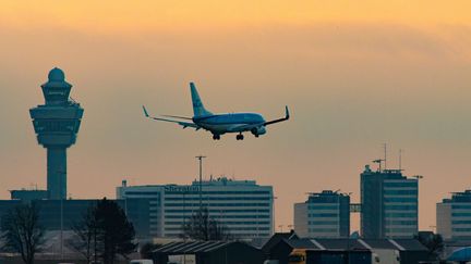 Un avion Boeing de la compagnie KLM atterrit&nbsp;à l'aéroport d'Amsterdam&nbsp;Schiphol, aux Pays-Bas, le 22 novembre 2020. (NICOLAS ECONOMOU / NURPHOTO / AFP)