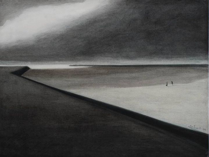 Léon Spilliaert: Digue et plage. 1907. Encre de Chine, lavis et crayons de couleurs. 639 x 194.
 (Luc Schrobiltgen, Bruxelles.)