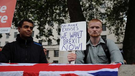 "Plus d'excuses, nous voulons le Brexit maintenant", peut-on lire sur cette pancarte brandie par un partisan de la sortie de l'Union européenne, le 3 septembre 2016 à Londres (Royaume-Uni). (MARC WARD / SHUTTERSTOCK / SIPA)