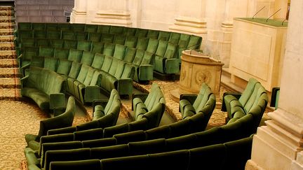 Les fauteuils verts de l'hémicycle&nbsp;de l'Académie française. (ANTOINE LORGNIER / ONLY FRANCE / AFP)