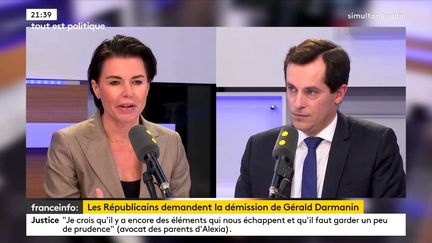 La porte-parole des Républicains Laurence Sailliet et Nicolas Bay, vice-président du Front National et député européen, le 30 janvier 2018. (RADIO FRANCE / FRANCEINFO)