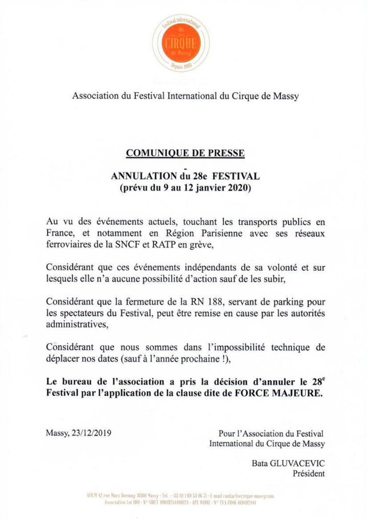 Communiqué de presse de l'association en charge du&nbsp;Festival international du cirque de Massy. (ASSOCIATION DU FESTIVAL INTERNATIONAL DU CIRQUE DE MASSY)