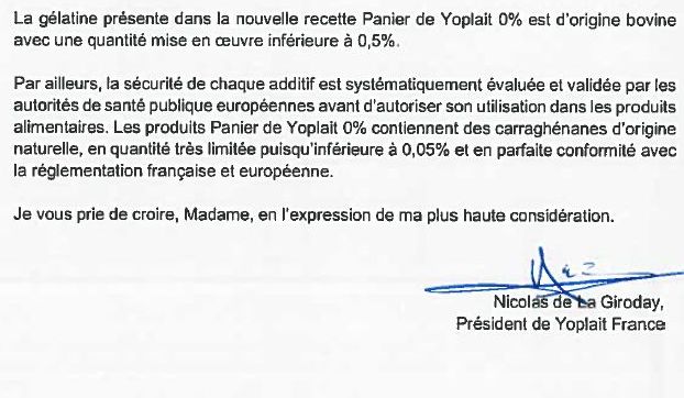 La réponse du président de Yoplait France, Nicolas de La Giroday, à Foodwatch.&nbsp; (FOODWATCH)