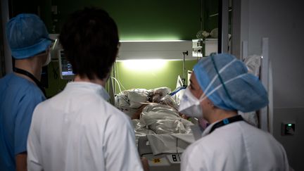 Un patient atteint d'une forme sévère de Covid-19 est&nbsp;pris en charge à&nbsp;Pierre-Benite (Rhône), le 7 avril 2021. (JEAN-PHILIPPE KSIAZEK / AFP)