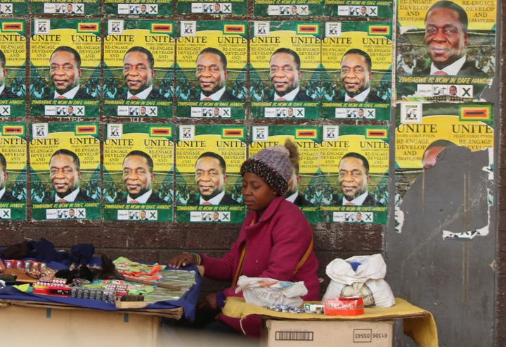 Sous des affiches électorales, une jeune femme vend quelques produits dans la rue à Harare le 6 juillet 2018. Un exemple parmi des centaines de milliers d'autres de l'importance de l'économie parallèle dans un pays où le chômage atteindrait entre 85 et 90% de la population. (REUTERS/Philimon Bulawayo)