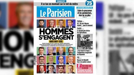 La une du "Parisien" avec 16 personnalités masculines contre le harcèlement sexuel, mercredi 25 octobre. (LE PARISIEN)