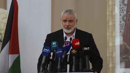 Hamas leader Ismail Haniyeh speaks from Rabat, Morocco, June 16, 2021. (STRINGER / EPA / AFP)