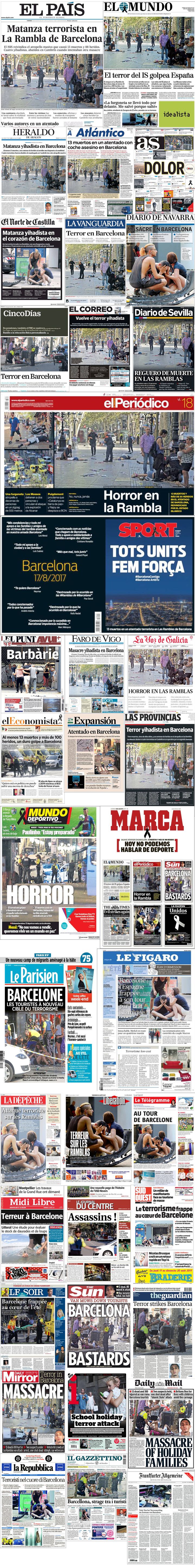 Des unes de la presse espagnole et internationale, le 18 août 2017, au lendemain des attentats qui ont frappé la Catalogne. (FRANCEINFO)