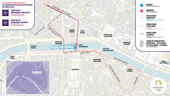 Le tracé du parcours du triathlon olympique, qui se déroulera à Paris le 30 juillet pour la course des hommes, et le 31 juillet pour la course des femmes. (Paris2024)