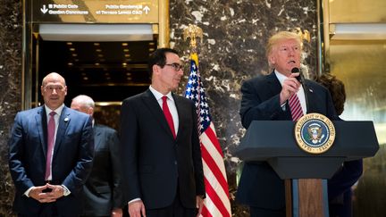 Donald Trump lors de sa conférence de presse, mardi 15 août 2017 à la Trump Tower de New York. (DREW ANGERER / GETTY IMAGES NORTH AMERICA / AFP)