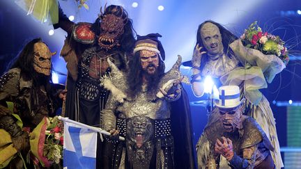 Les membres du groupe finlandais Lordi lors de L'Eurovision 2006 à Athènes. (ARIS MESSINIS / AFP)