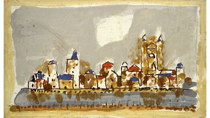 Roger Bissière, Paysage et village, dit Venise I, 1964, huile et traces de crayon feutre sur panneau, Collection particulière
 (ADAGP, Paris 2014)