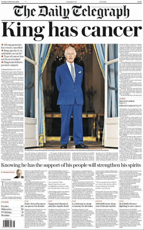 La une du quotidien britannique "The Daily Telegraph" du mardi 6 février 2024. (The Daily Telegraph)