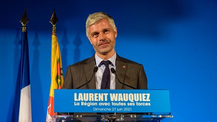 Laurent Wauquiez, président de la région Auvergne-Rhône-Alpes, lors d'une conférence de presse le 27 juin 2021 à Lyon. (ROBERT DEYRAIL / GAMMA-RAPHO)