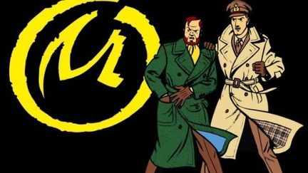 Blake et Mortimer devant le logo de la Marque jaune, leur éternel ennemi
 (Dargaud)