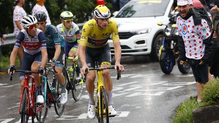 Mathieu van der Poel a perdu son maillot jaune sur la route du Grand-Bornand, le 3 juillet 2021. (THOMAS SAMSON / AFP)