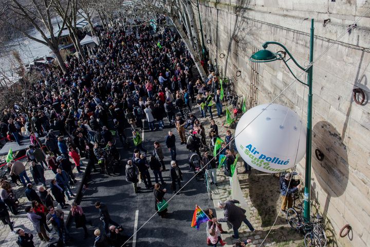 Manifestation pour le maintien&nbsp;de la piétonnisation des voies sur berges, à Paris, le 10 mars 2018.&nbsp; (AURELIEN MORISSARD / MAXPPP)