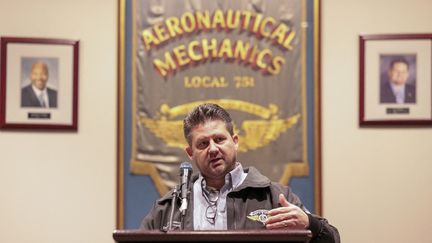 Jon Holden, le président de l'IAM-District 751, branche du syndicat des machinistes, à Seattle (Washington, Etats-Unis), le 4 novembre 2024. (JASON REDMOND / AFP)