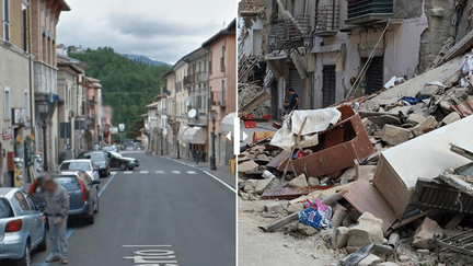 La rue principale de la commune d'Amatrice (Italie), ravagée par un puissant séisme, le 24 août 2016. (GOOGLE STREET VIEW)