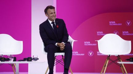 The President of the Republic Emmanuel Macron on June 14, 2023 at the VivaTech show in Paris.  (YOAN VALAT / AFP)