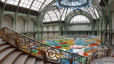 Compos&eacute;e de cercles de plastique soutenus par 1.500 fins piliers noirs et blancs, l'oeuvre de l'auteur des fameuses "colonnes de Buren" illumine de couleurs le Grand Palais. (FRANCOIS GUILLOT / AFP)