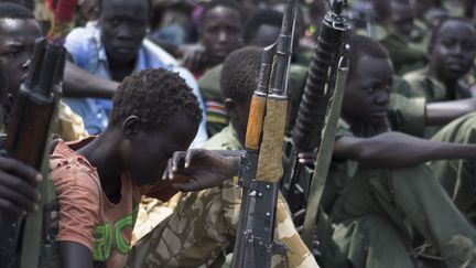 De jeunes gar&ccedil;ons assis pr&egrave;s de leurs armes lors d'une c&eacute;r&eacute;monie de d&eacute;mobilisation supervis&eacute;e par l'Unicef, le 10 f&eacute;vrier 2015 &agrave; Pibor (Soudan&nbsp;du Sud). (CHARLES LOMODONG / AFP)