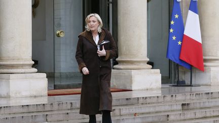 Marine Le Pen, le&nbsp;9 janvier 2015,&nbsp;&agrave;&nbsp;l'issue d'une rencontre &agrave; l&rsquo;Elys&eacute;e avec le chef de l&rsquo;Etat. (PATRICK KOVARIK / AFP)