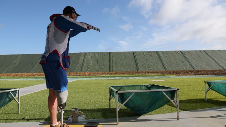 French athlete Maxime Logeon prepares to shoot during a Paralympic trap shooting competition as part of a test event ahead of the Paris 2024 Games, at the French National Shooting Center (CNTS), in Deols , near Châteauroux, April 9, 2024. (ALAIN JOCARD / AFP)