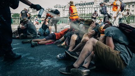 Des forces de l'ordre utilisent des gaz lacrymogènes sur des manifestants pacifistes&nbsp;lors d'une manifestation sur le pont de Sully à Paris, le 1er juillet 2019. (MATHIAS ZWICK / HANS LUCAS)