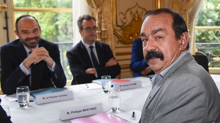 Le secrétaire général de la CGT, Philippe Martinez, lors d'une réunion à Matignon avec le Premier ministre, Édouard Philippe, le 24 juillet à Paris. (BERTRAND GUAY / AFP)