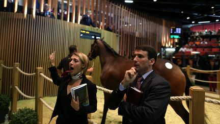 Une commissaire-priseur proc&egrave;de &agrave; une vente aux ench&egrave;res d'un yearling &agrave; Deauville&nbsp;(Calvados) le 16 ao&ucirc;t 2015. (CHARLY TRIBALLEAU / AFP)