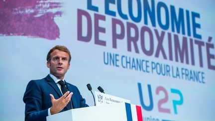 Emmanuel Macron lors de son discours du 16 septembre 2021 à la&nbsp;Maison de la Mutualité à Paris. (CHRISTOPHE PETIT TESSON / POOL)