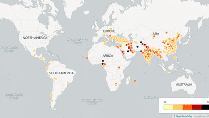 La carte des 500 villes les plus polluées du monde, établie à partir des données de l'OMS. (FRANCEINFO)