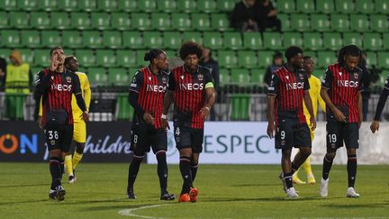 Les Niçois lors de leur victoire face au Sheriff Tiraspol, le 9 mars 2023, à l'occasion des huitièmes de finale de Ligue Europa Conférence. (MAXPPP)