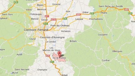 Capure d'&eacute;cran Google Maps pointant Vic-le-Comte (Puy-de-D&ocirc;me), o&ugrave; l'enfant a &eacute;t&eacute; d&eacute;couvert mort.&nbsp; ( GOOGLE MAPS / FRANCETV INFO )