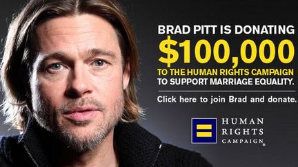 Capture d'&eacute;cran du message d'appel aux dons de Brad Pitt, publi&eacute; sur le site internet d'une association pour la d&eacute;fense des droits des homosexuels, le 31 octobre 2012. (FRANCETV INFO)