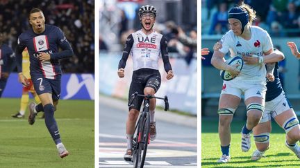 Kylian Mbappé, Tadej Pogacar et le XV de France féminin de Charlotte Escudero ont marqué le week-end sport des 15 et 16 avril 2023. (AFP et MAXPPP)