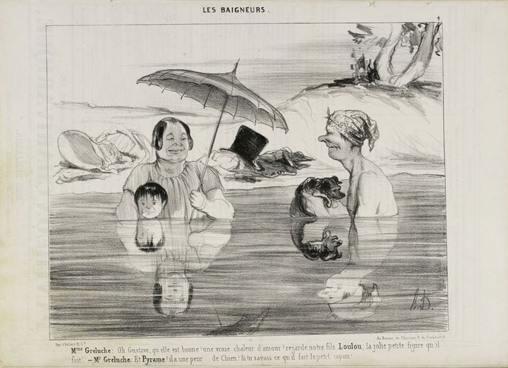 Honoré Daumier, "Mme Greluche : Oh Gustave, qu'elle est bonne ! Une vraie chaleur d'amour ! regarde notre fils Loulou ; la jolie petite figure qu'il fait !..." Le Charivari, 21 juillet 1839
 (Maison de Balzac / Roger-Viollet)