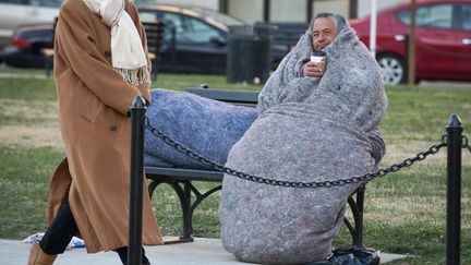 Un sans-abri tente de se prot&eacute;ger du froid dans le square McPherson &agrave; Washington (Etats-Unis), le 7 janvier 2014. (MLADEN ANTONOV / AFP)